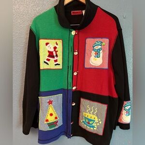 Onque Woman Black Christmas Quilt Patch Santa Button Cardigan Holiday Christmas